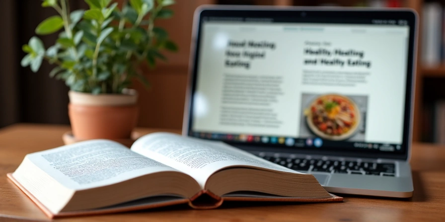 Otwarta książka i laptop z artykułem o zdrowym odżywianiu